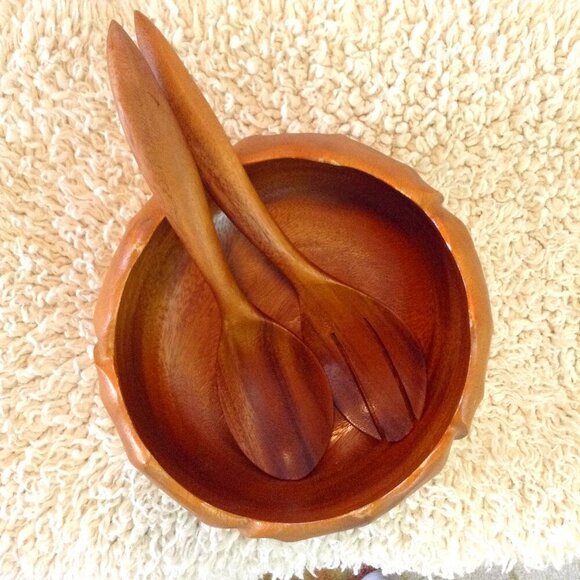 VINTAGE MCM Salad Serving Set; Monkey Pod Wood, Hawaiian; Mid Century Dinnerware - Picture 2 of 4